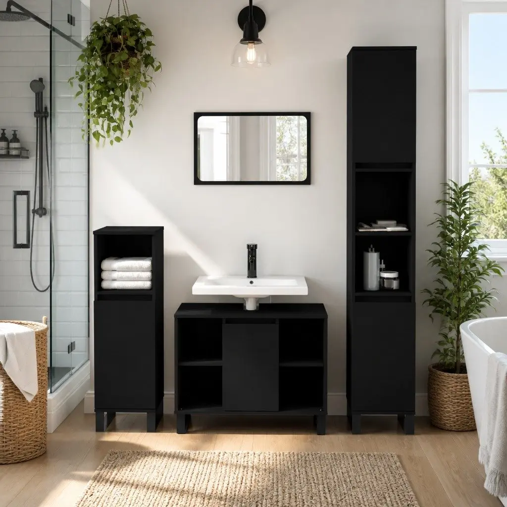 Black 3 Piece Vanity Set Engineered Wood Bathroom Storage Cabinet with Iron Feet