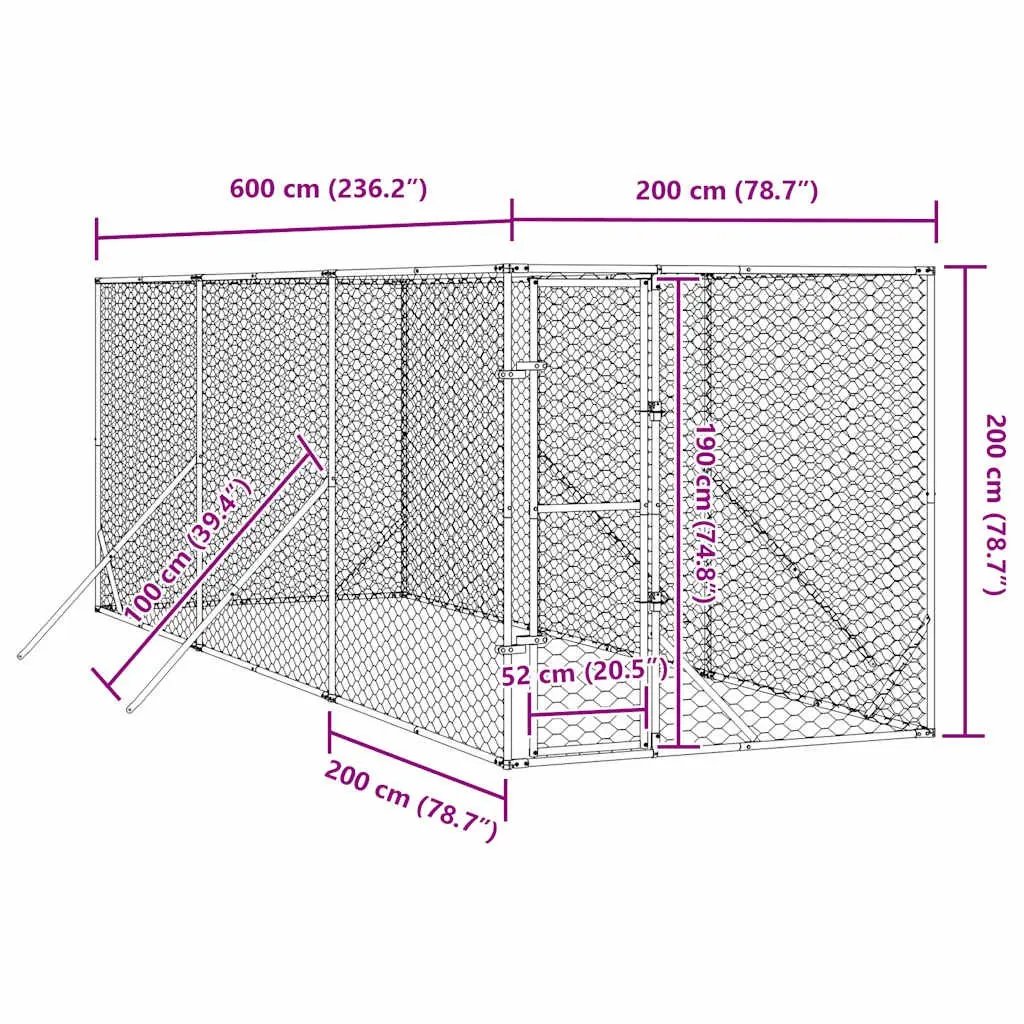 Dog Kennel Enclosure Galvanised Steel 2x6x2 m Silver