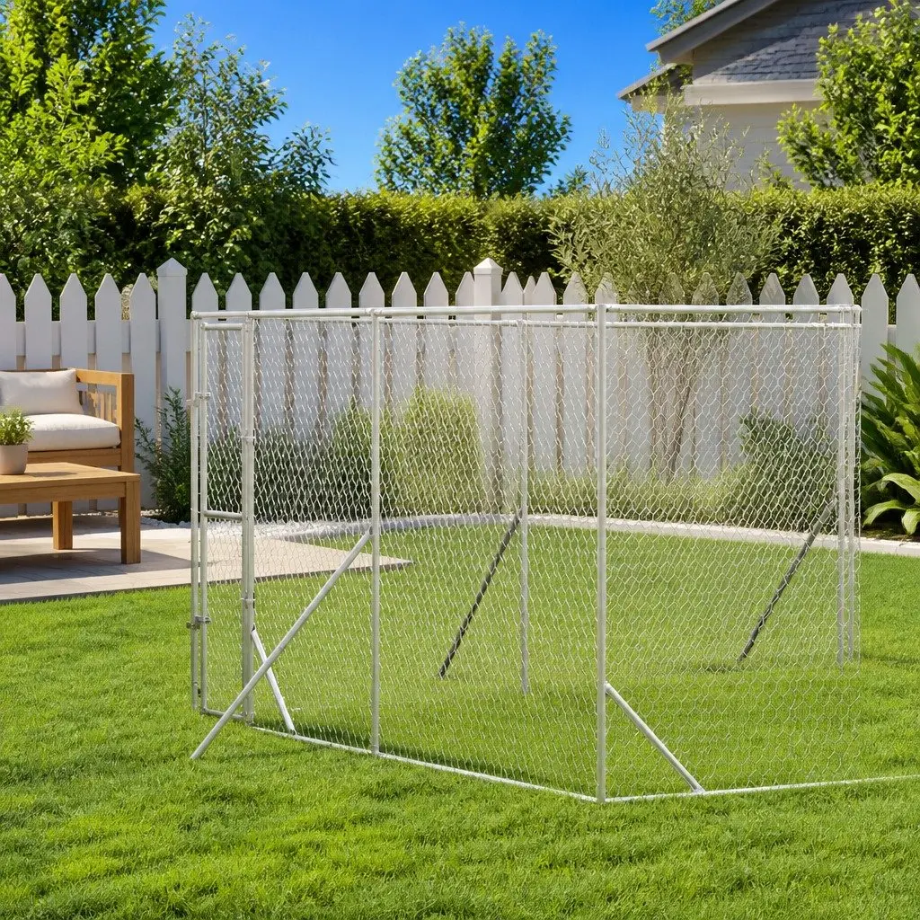 Outdoor Dog Kennel Run Enclosure Silver Galvanised Steel Spacious Animal Cage