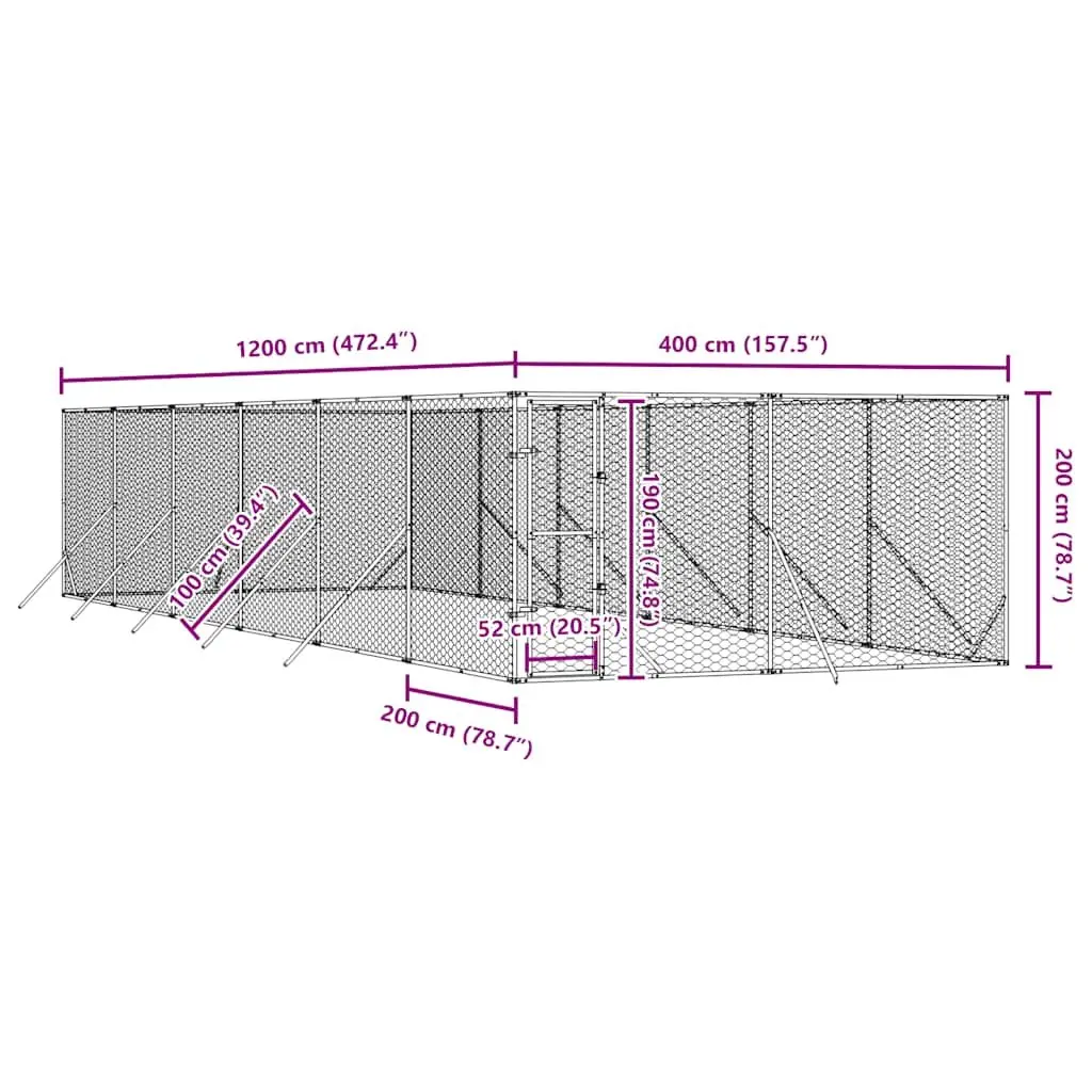 Outdoor Dog Kennel Run Enclosure Silver Galvanised Steel Spacious Animal Cage