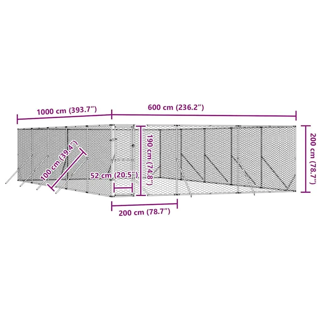 Dog Kennel Galvanised Steel 6x10x2 m Silver Sturdy Secure Pet Enclosure