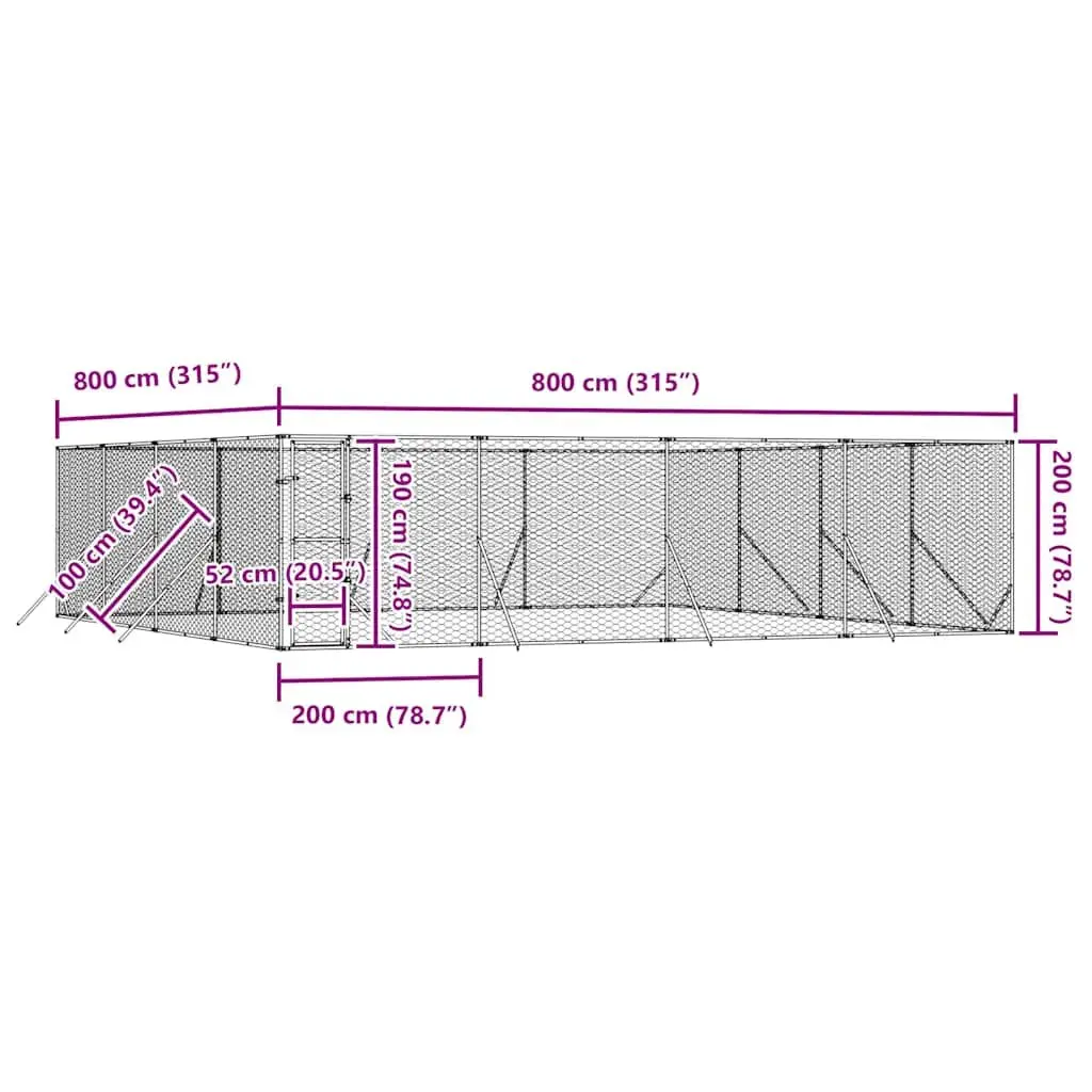 Outdoor Dog Kennel Run Enclosure Silver 8x8x2m Galvanised Steel Lockable Door