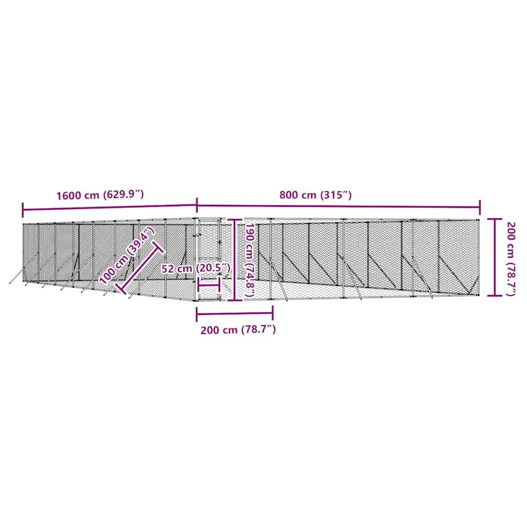 Dog Kennel Galvanised Steel 8x16x2 m Silver Outdoor Enclosure with Lockable Door