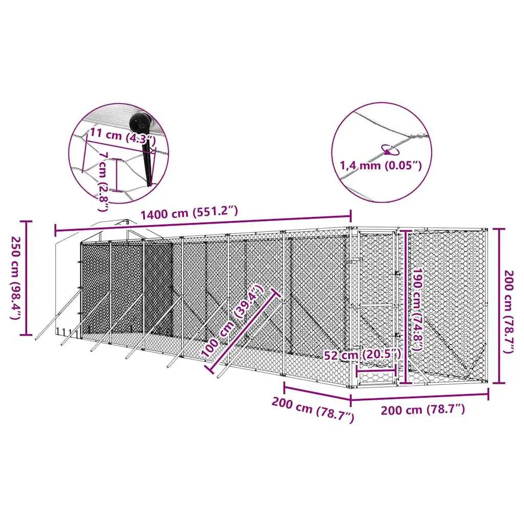 Outdoor Dog Kennel Galvanised Steel 2 x 14 x 2.5 m Silver