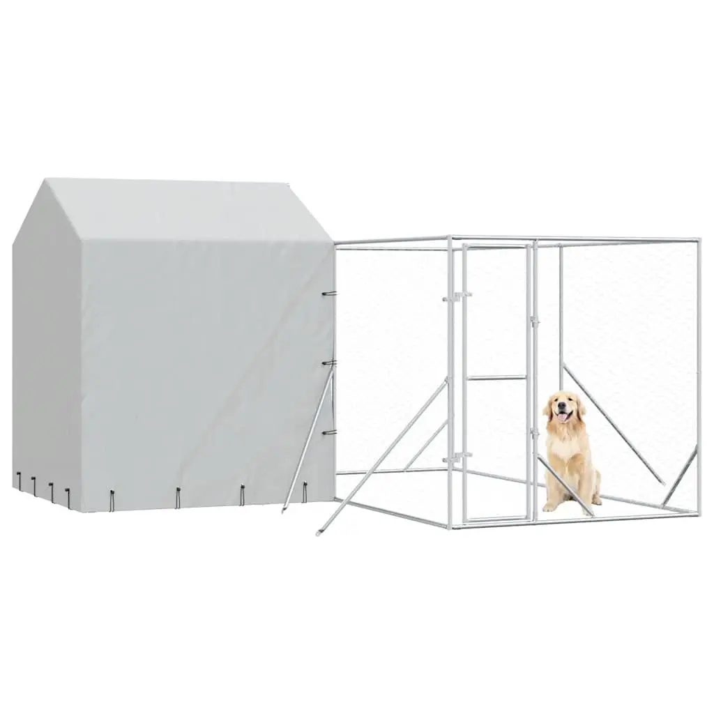 Outdoor Dog Kennel with Roof Silver 4x4x2.5m Galvanised Steel Cage Run Enclosure