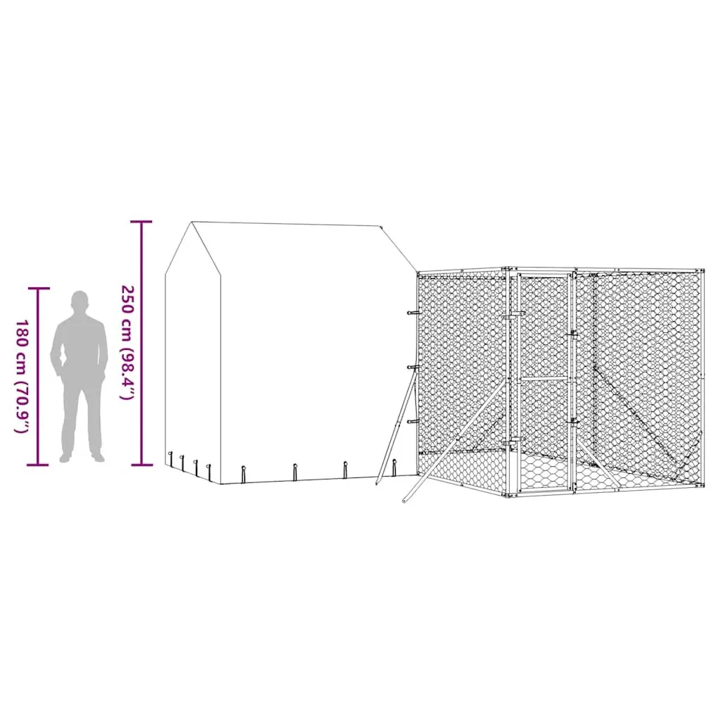 Outdoor Dog Kennel with Roof Silver 4x4x2.5m Galvanised Steel Cage Run Enclosure