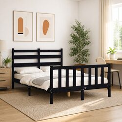 Bed Frame Black 135x190 cm Solid Pine Wood Bedroom Furniture Plywood Slats