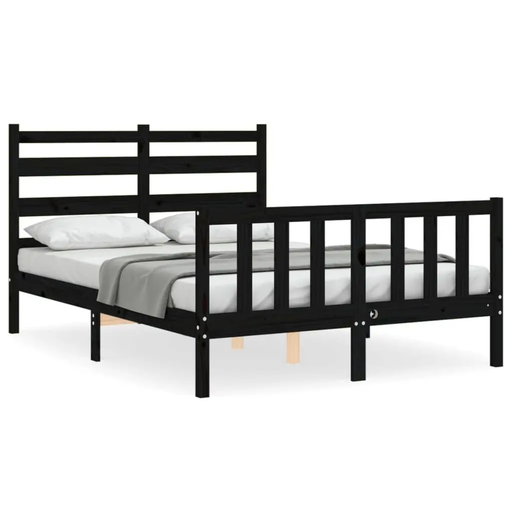 Solid Pine Wood Bed Frame Black 135x190cm with Plywood Slats for Durable Mattress Support