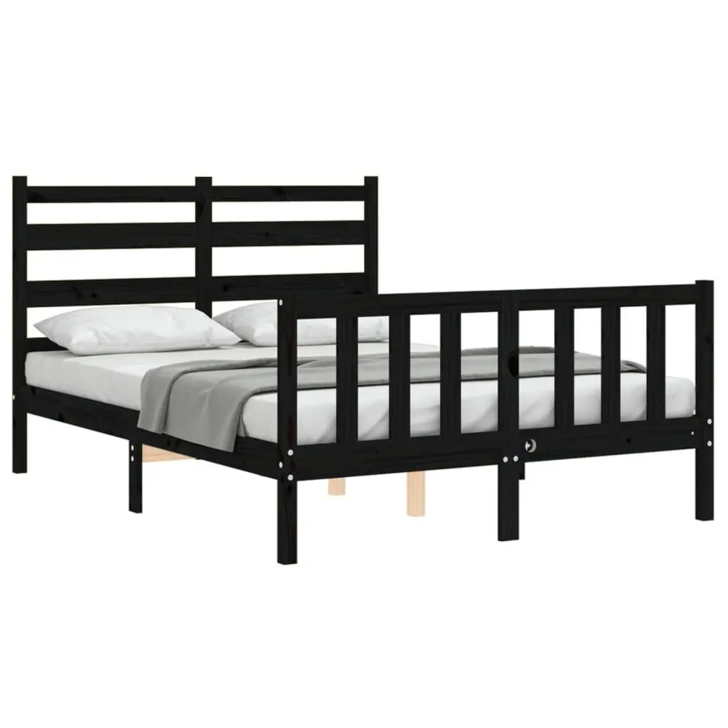 Solid Pine Wood Bed Frame Black 135x190cm with Plywood Slats for Durable Mattress Support