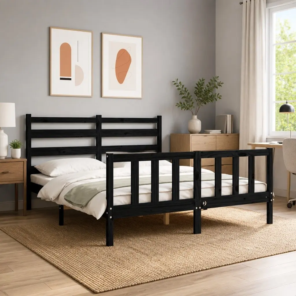 Solid Wood Pine Bed Frame Black 150x200 cm Wooden Bedroom Furniture Bedstead