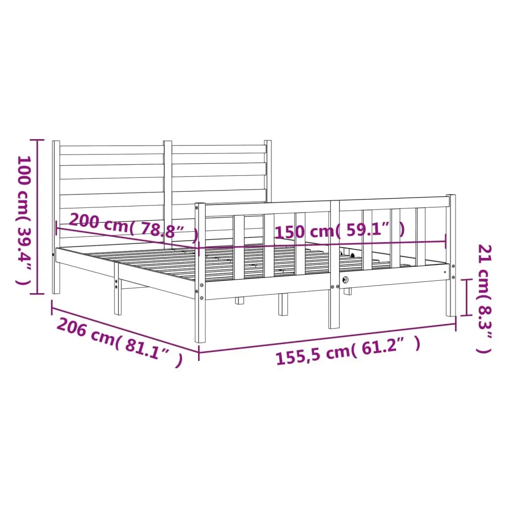 Solid Wood Pine Bed Frame Black 150x200 cm Wooden Bedroom Furniture Bedstead