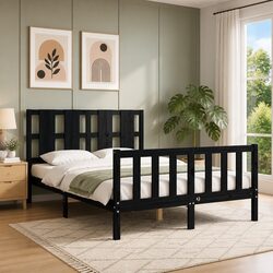 Bed Frame Black 135x190 cm Solid Pine Wood Bedroom Furniture Slats Headboard