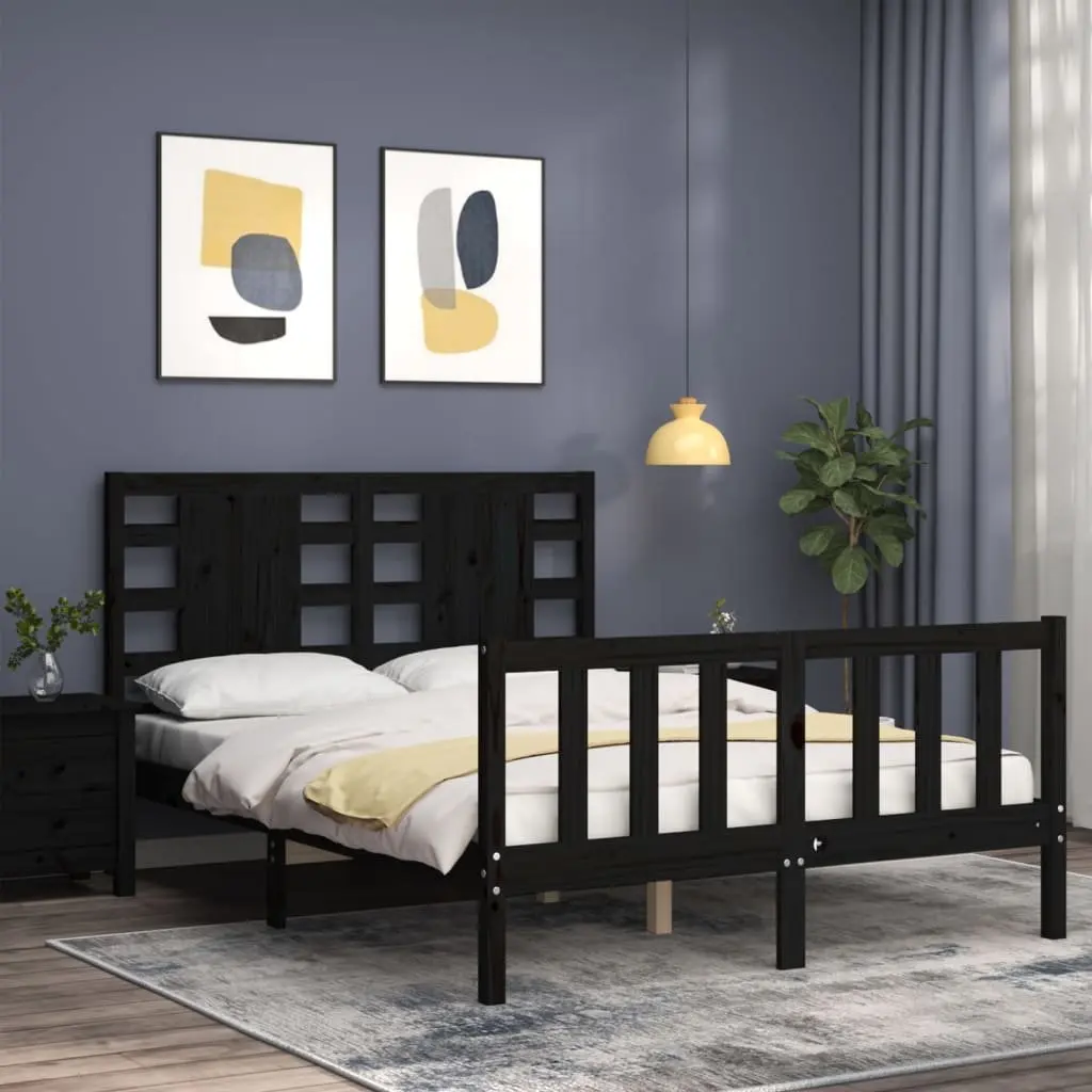Solid Pine Wood Bed Frame Black 135x190 cm Wooden Bedroom Furniture Sleep