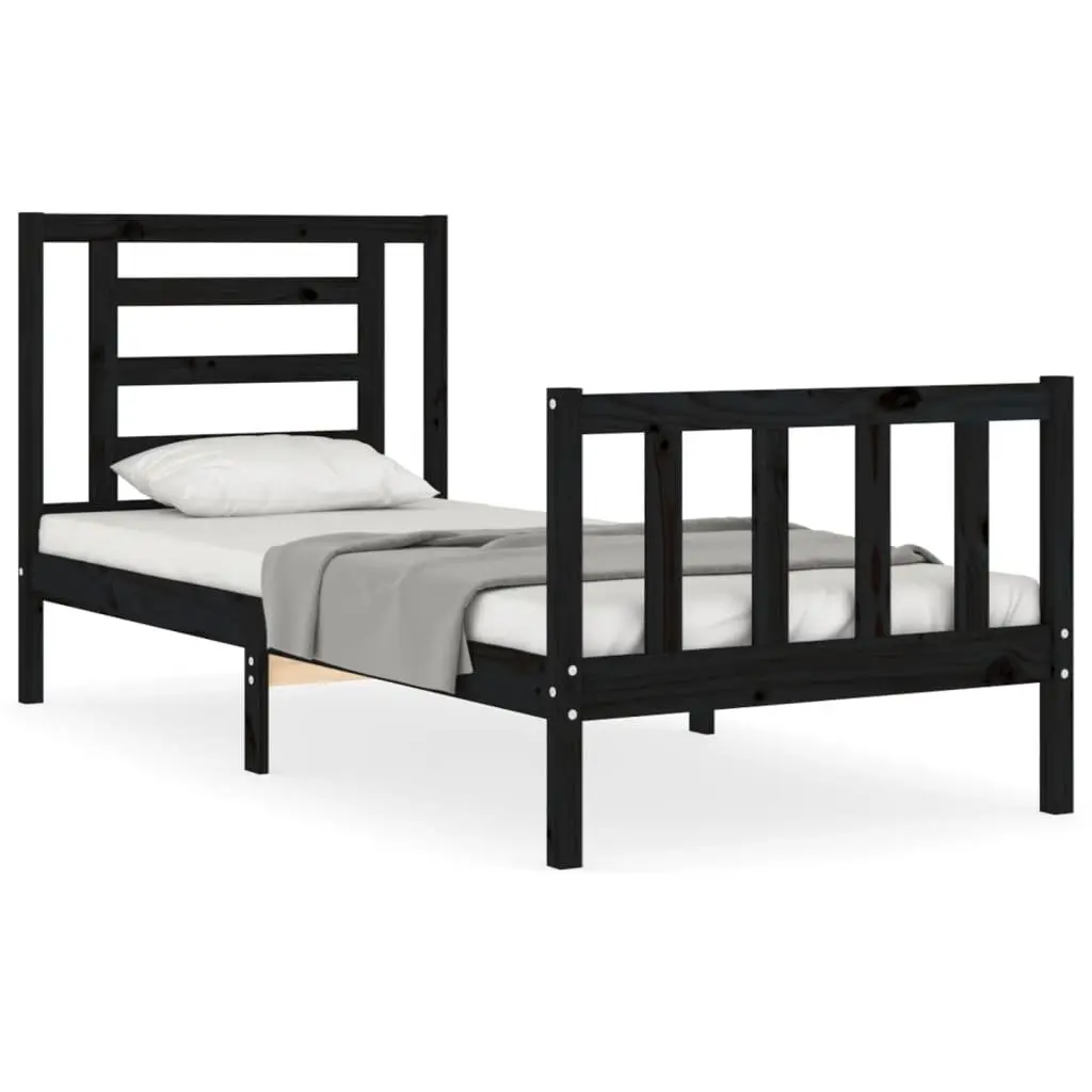 Bed Frame Solid Pine Wood Black 90x190 cm with Plywood Slats Headboard