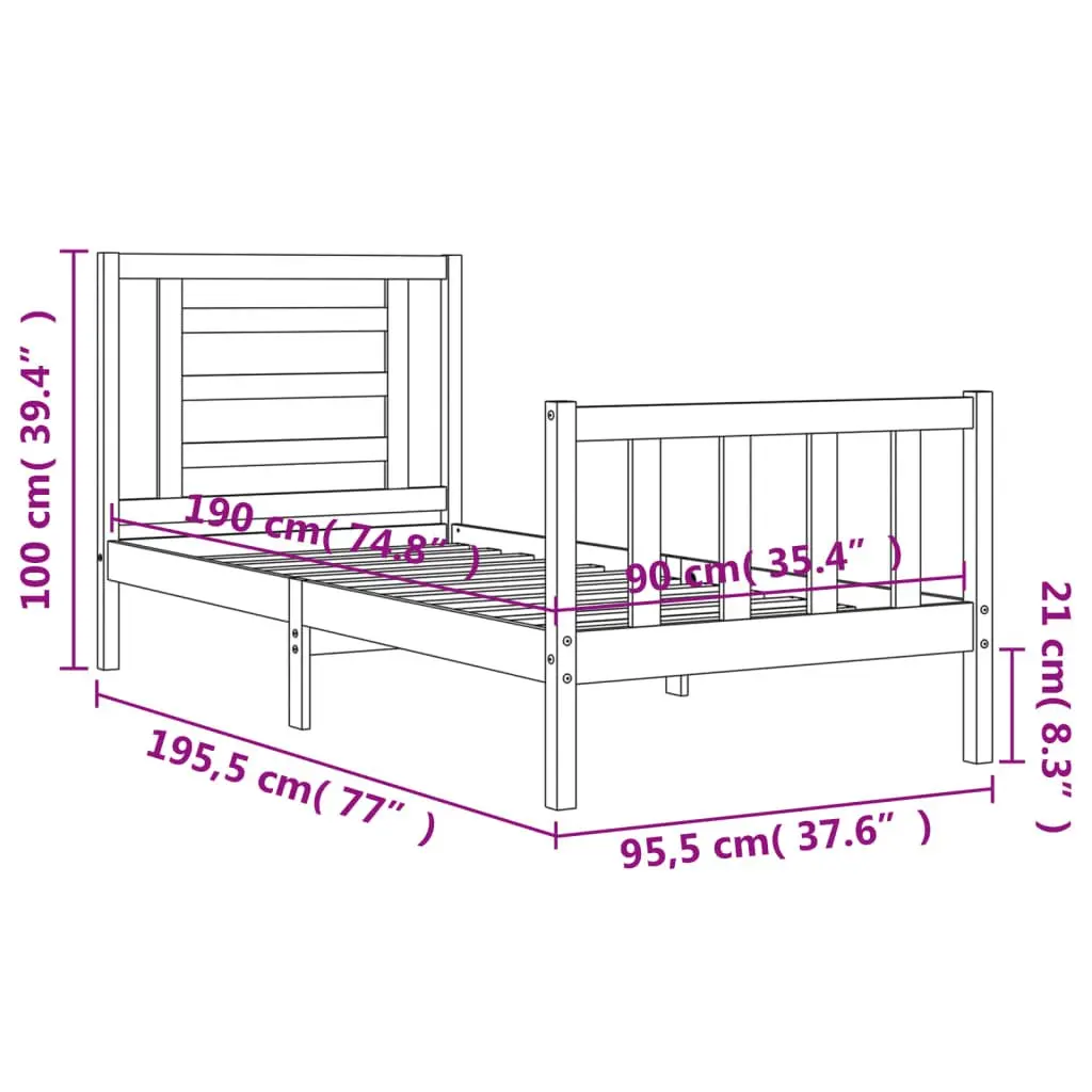 Bed Frame Solid Pine Wood Black 90x190 cm with Plywood Slats Headboard
