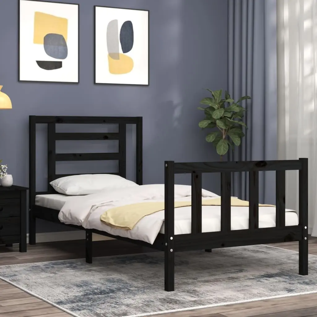 Bed Frame Solid Pine Wood Black 90x190 cm with Plywood Slats Headboard