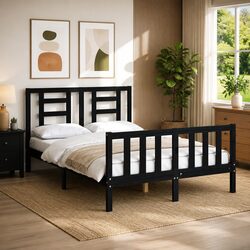 Functional Solid Pine Bed Frame 135x190 cm Black Style