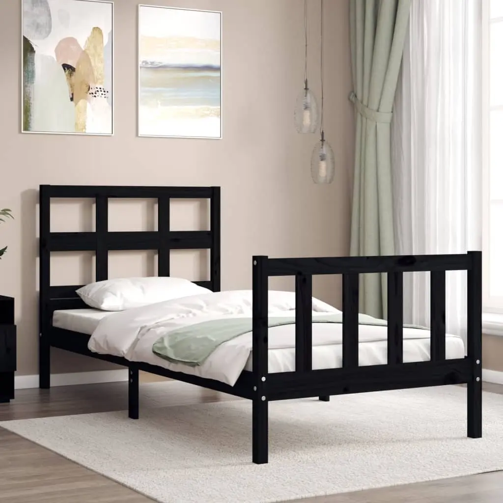Solid Pine Wood Bed Frame 90x190 cm Black Single Wooden Bed Plywood Slats