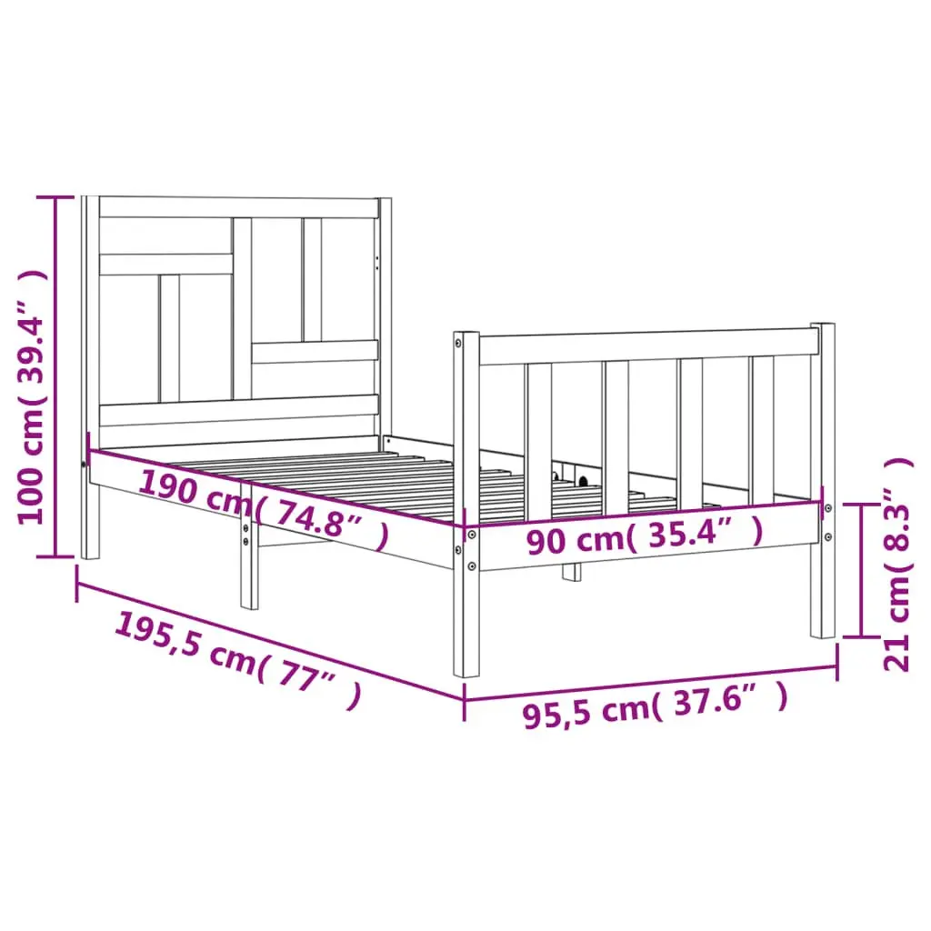 Solid Wood Bed Frame Pine 90x190 cm Black Single Wooden Bedroom Furniture