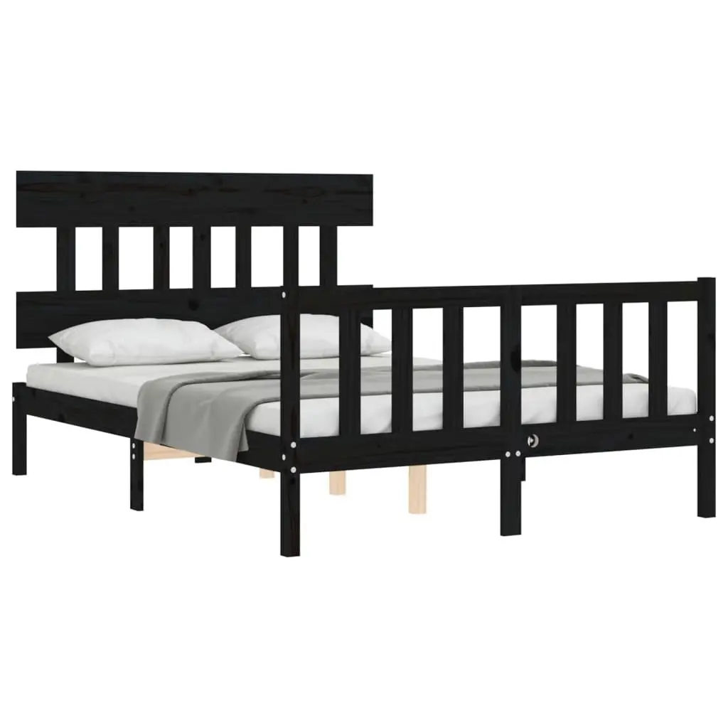 Solid Wood Pine Bed Frame 135x190 cm Black Wooden Bedroom Furniture Headboard