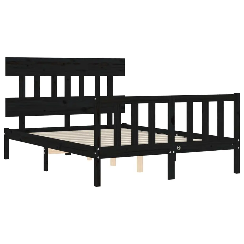 Solid Wood Pine Bed Frame 135x190 cm Black Wooden Bedroom Furniture Headboard