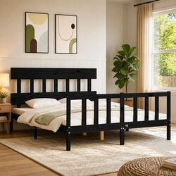Bed Frame Black 150x200 cm Solid Pine Wood Headboard Footboard Bedroom Furniture