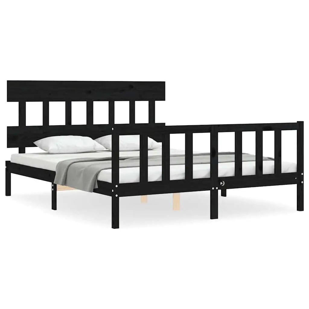 Black Bed Frame Solid Pine Wood 150x200cm with Headboard and Footboard