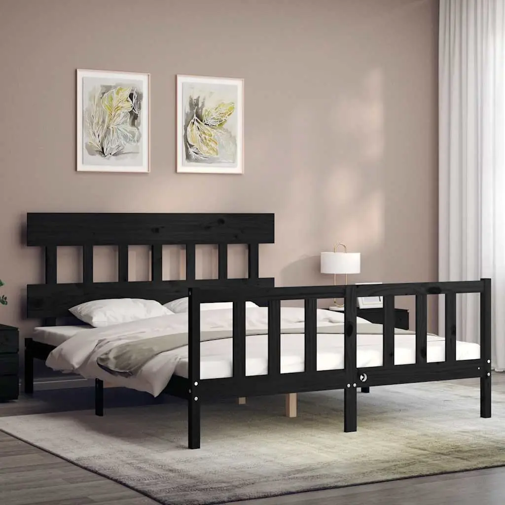 Black Bed Frame Solid Pine Wood 150x200cm with Headboard and Footboard