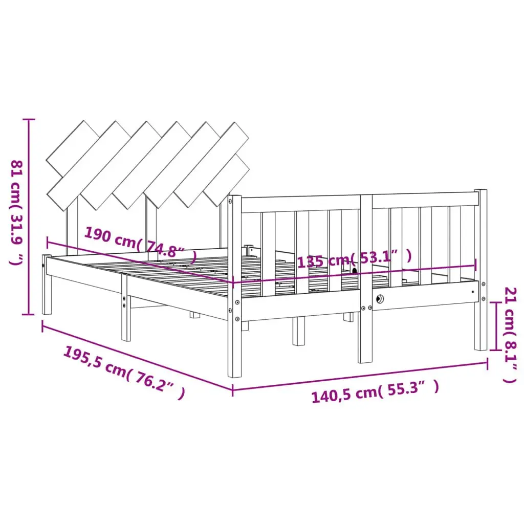 Solid Wood Bed Frame Black 135x190 cm Pine Wooden Bedroom Furniture Headboard