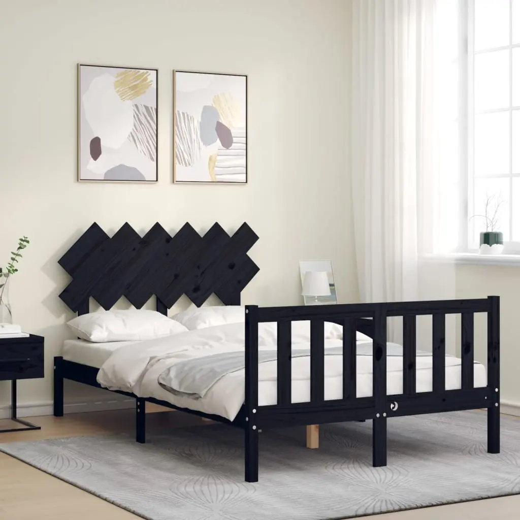 Solid Wood Bed Frame Black 135x190 cm Pine Wooden Bedroom Furniture Headboard
