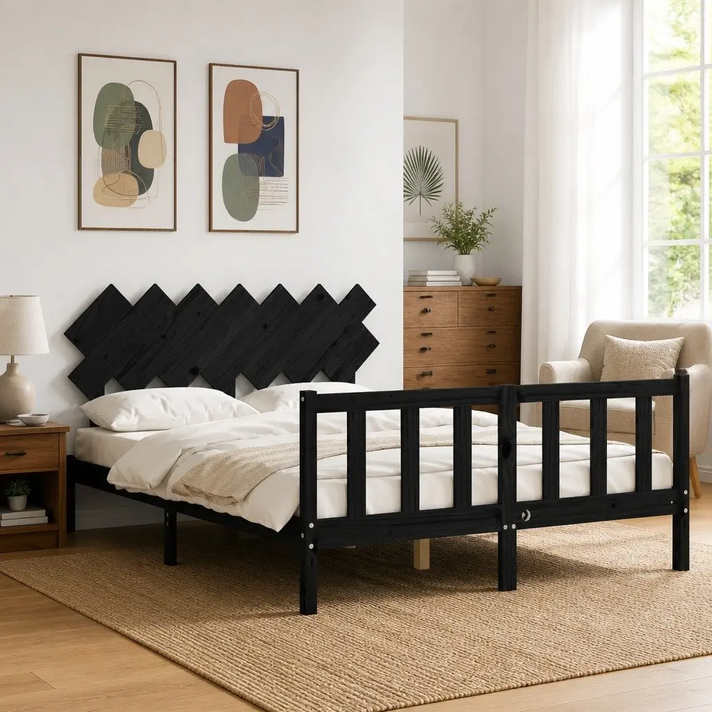 Bed Frame 150x200 cm Solid Pine Wood Headboard Footboard Black Bedroom Furniture