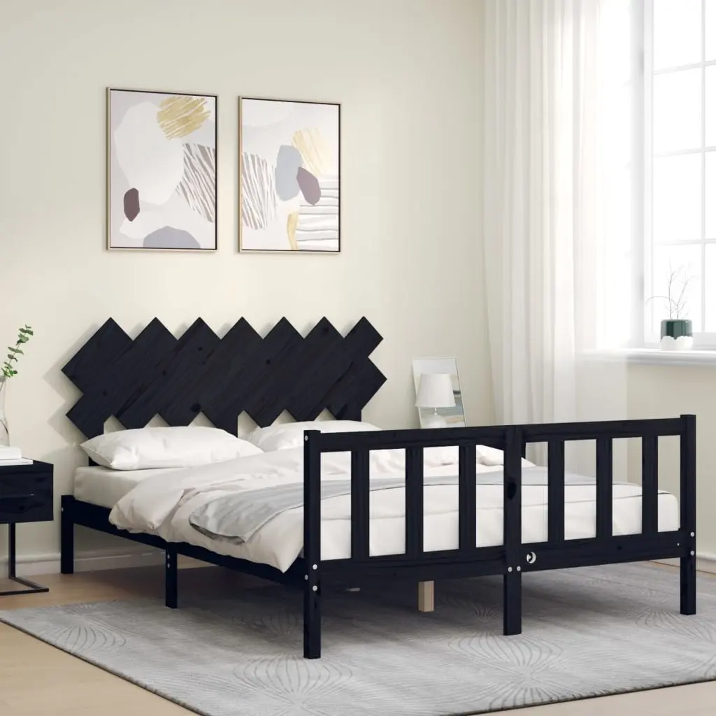 Pine Wood Bed Frame Black 150x200 cm with Headboard and Footboard for Bedroom Furniture