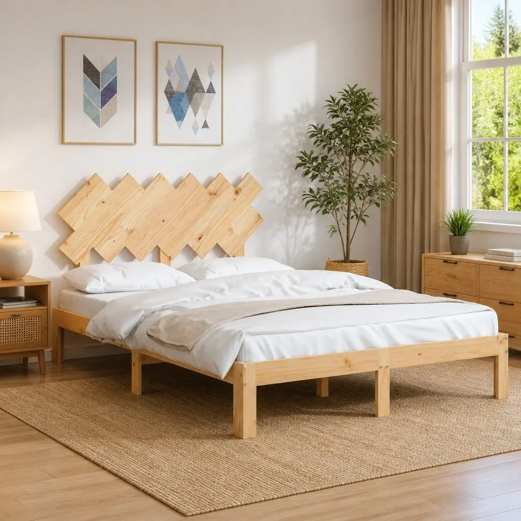 Solid Wood Bed Frame 135x190 cm Pine Wooden Bedroom Furniture with Headboard