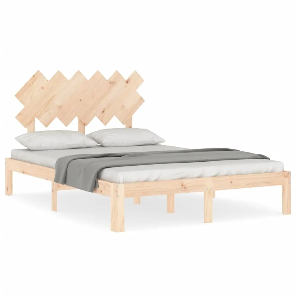 Solid Wood Bed Frame 135x190 cm Pine Wooden Bedroom Furniture with Headboard