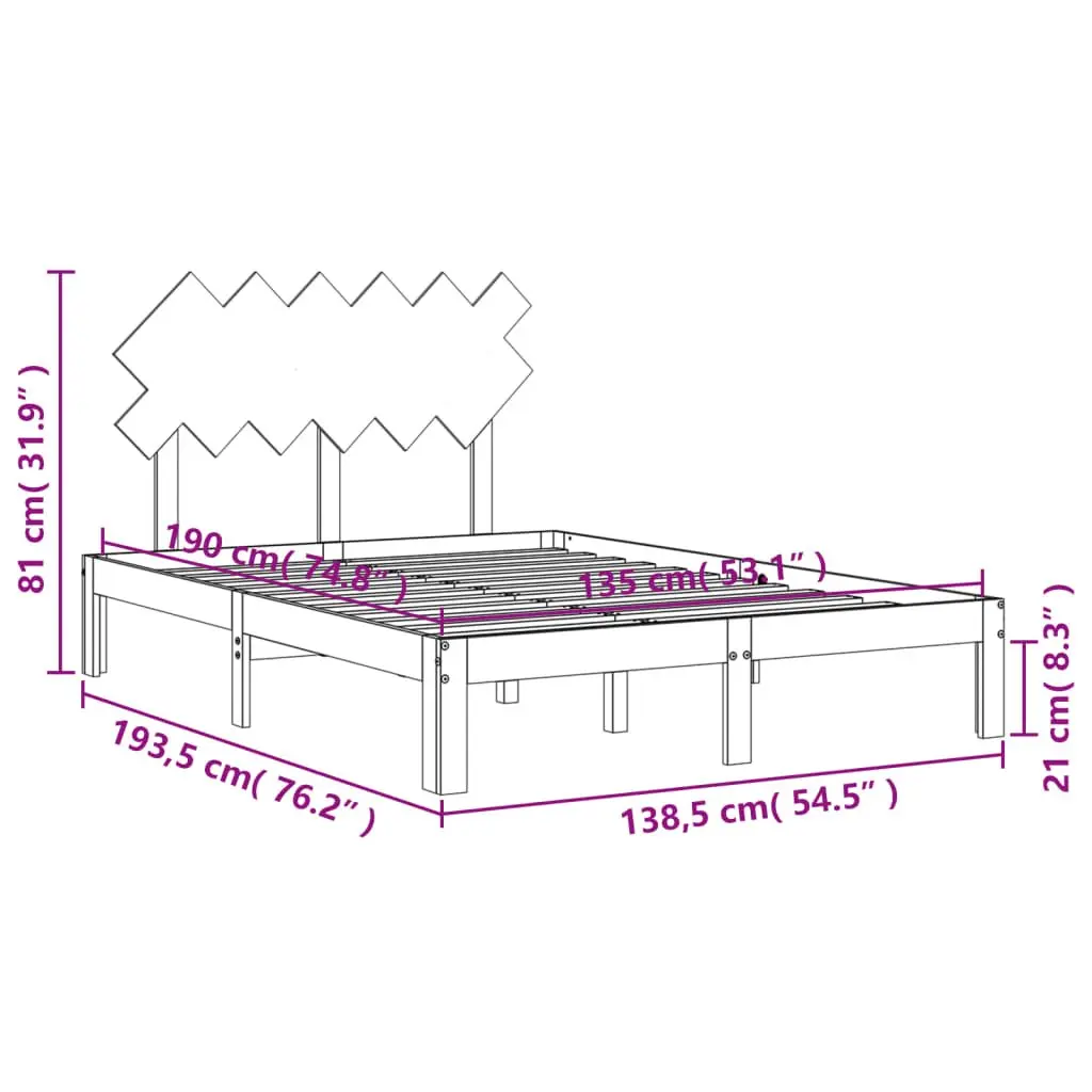 Solid Wood Bed Frame 135x190 cm Pine Wooden Bedroom Furniture with Headboard