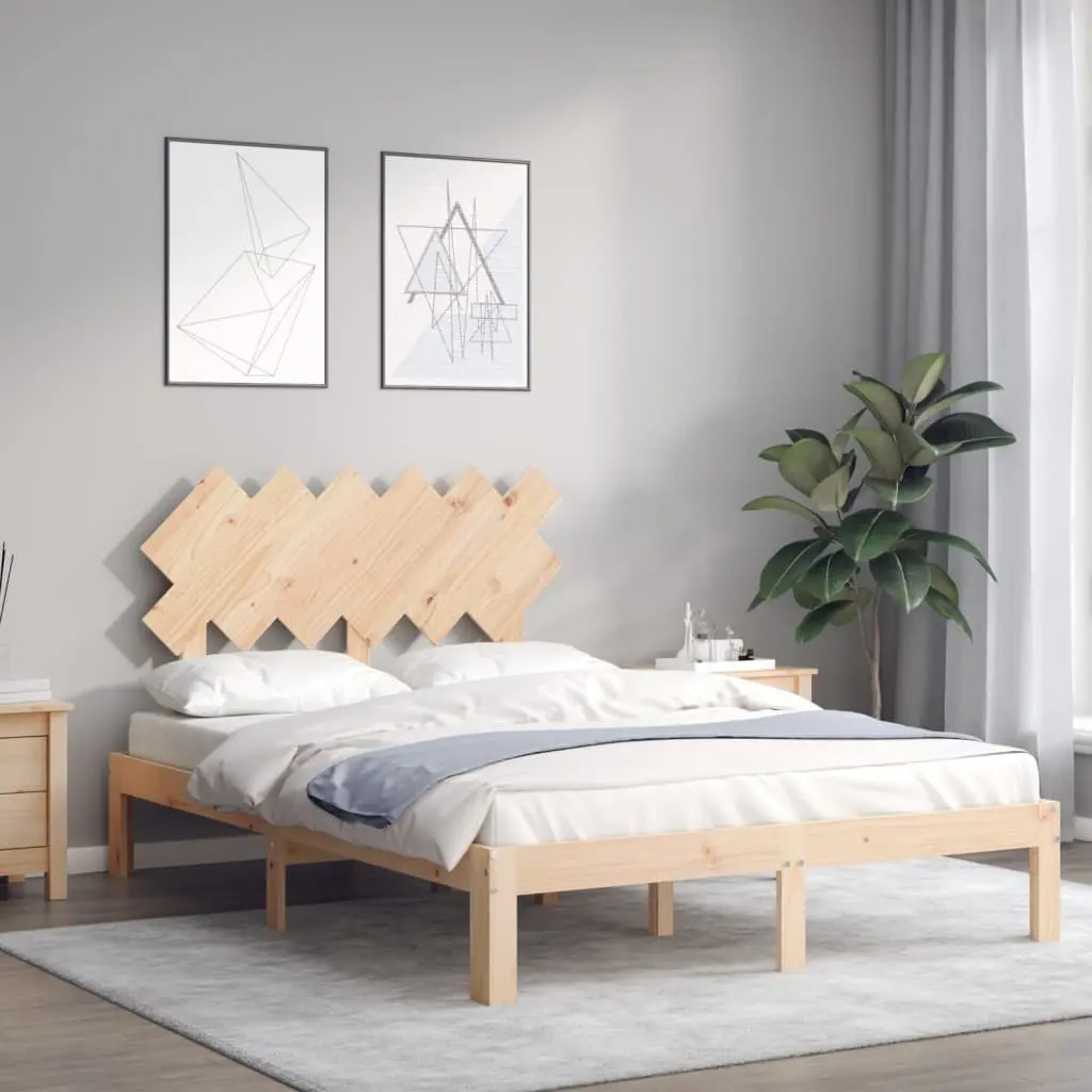 Solid Wood Bed Frame 135x190 cm Pine Wooden Bedroom Furniture with Headboard