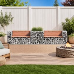 Garden Bench with Gabion Basket Base Solid Wood Outdoor Seating Backyard Patio