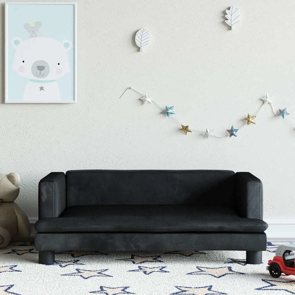 Kids Sofa Velvet Padded Small Black Solid Pine Wood Frame