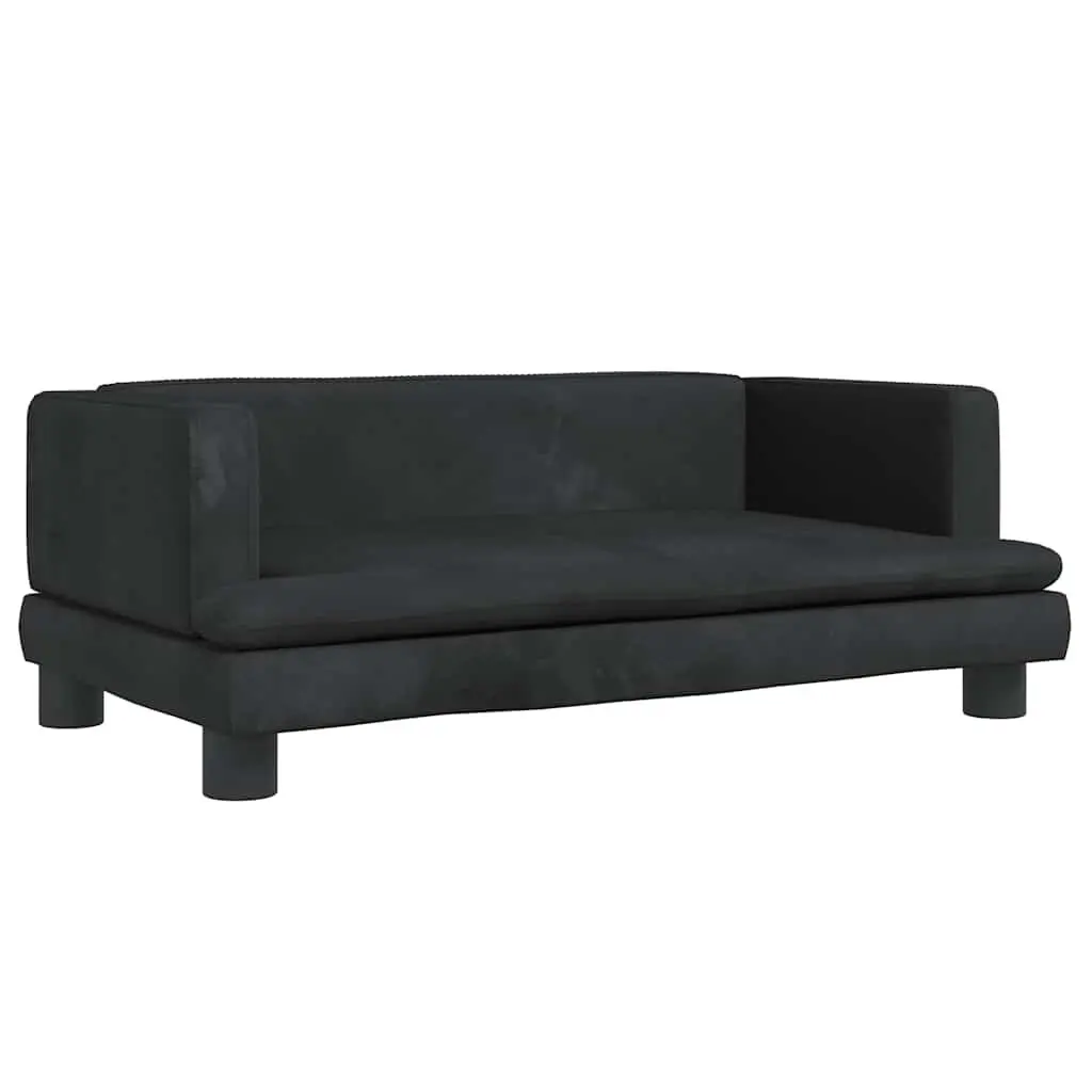 Kids Sofa Velvet Padded Small Black Solid Pine Wood Frame