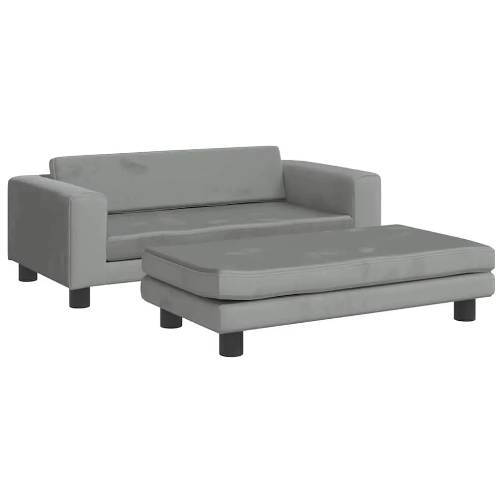 Kids Sofa Velvet Padded Light Grey with Footstool Pine Wood Frame