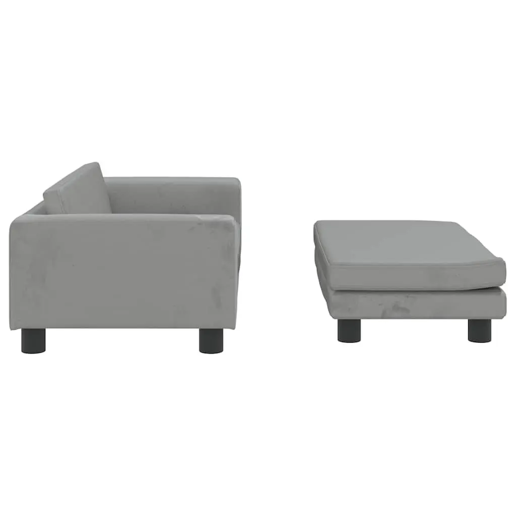 Kids Sofa Velvet Padded Light Grey with Footstool Pine Wood Frame