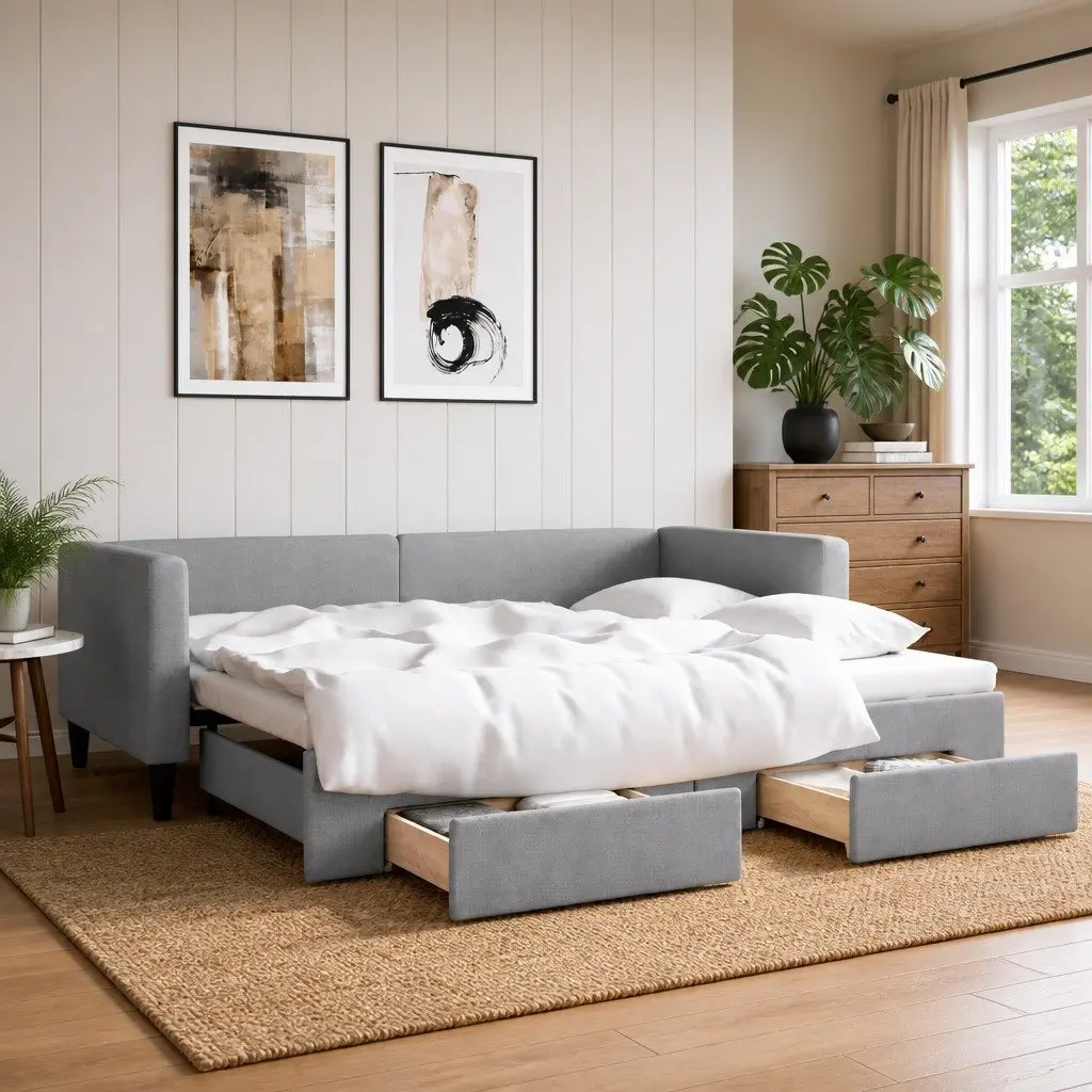 Daybed Sofa Bed with Trundle and Storage Drawers Wooden and Metal 90x190cm Grey