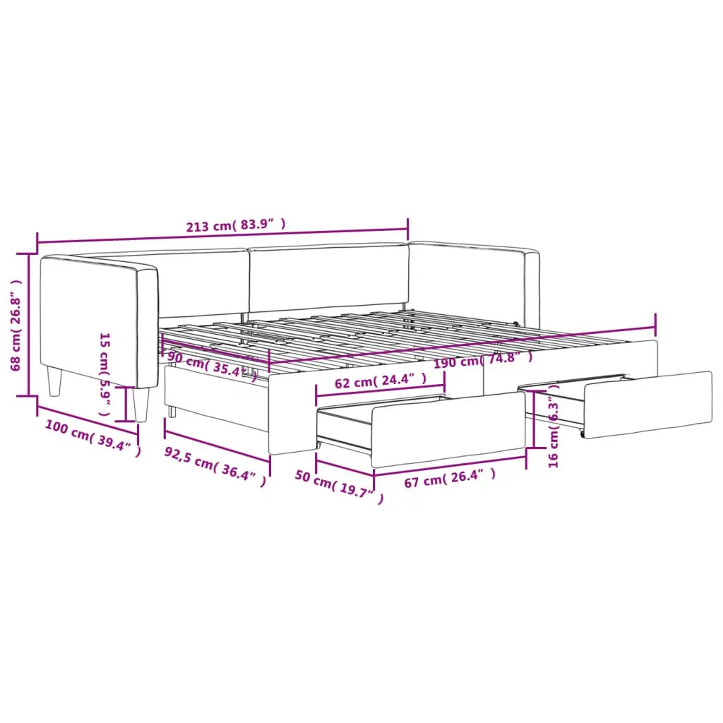Daybed with Trundle Bed and Storage Drawers Wood and Metal Frame 90x190cm Grey