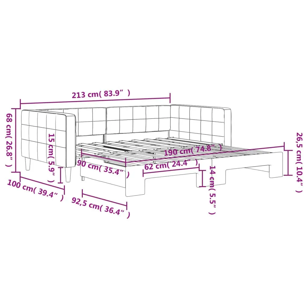 Daybed with Trundle Wooden and Metal Frame 90x190cm Grey Velvet