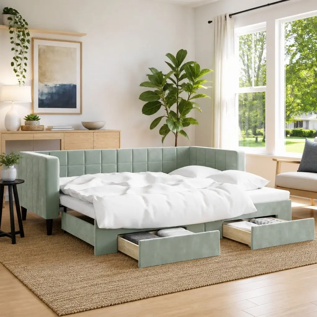 Daybed with Trundle and Storage Drawers Wood and Metal 90x190 cm Grey Velvet