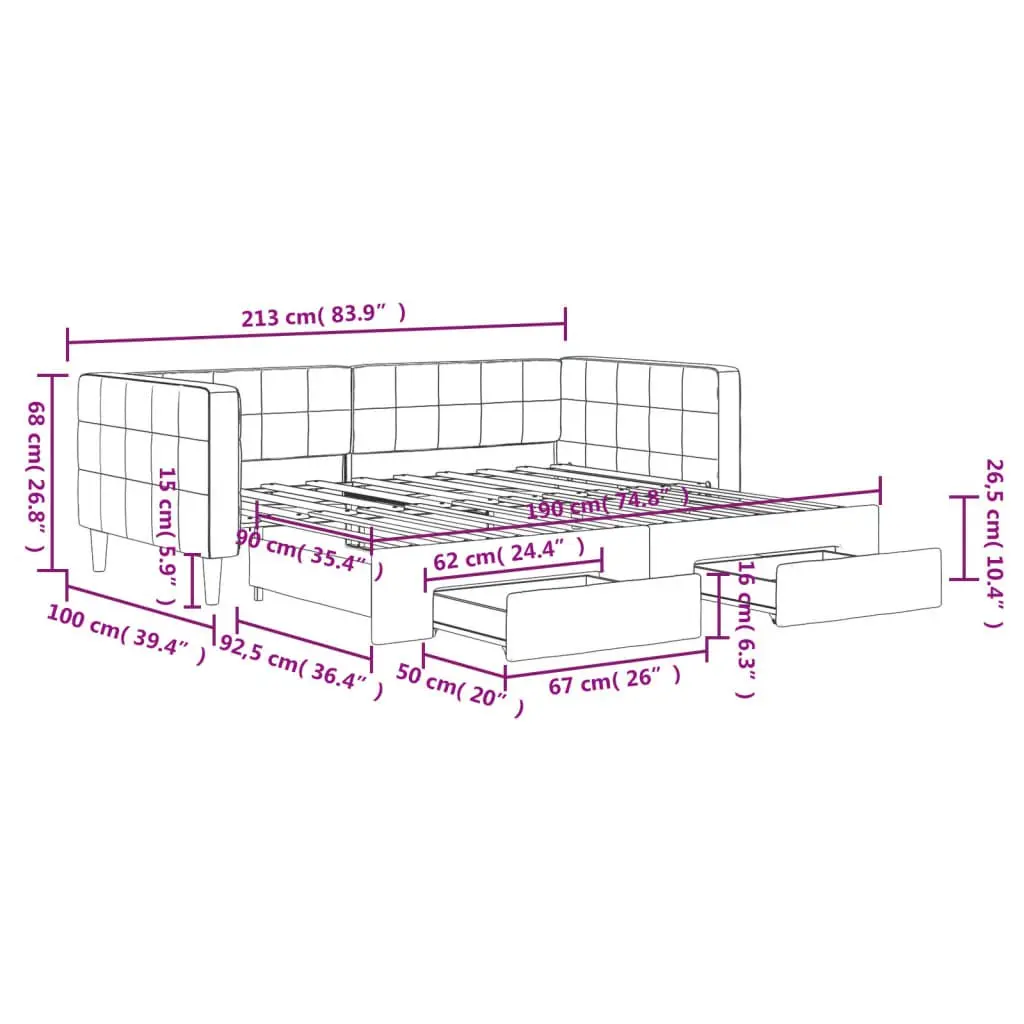 Daybed with Trundle and Storage Drawers Wood and Metal 90x190 cm Grey Velvet