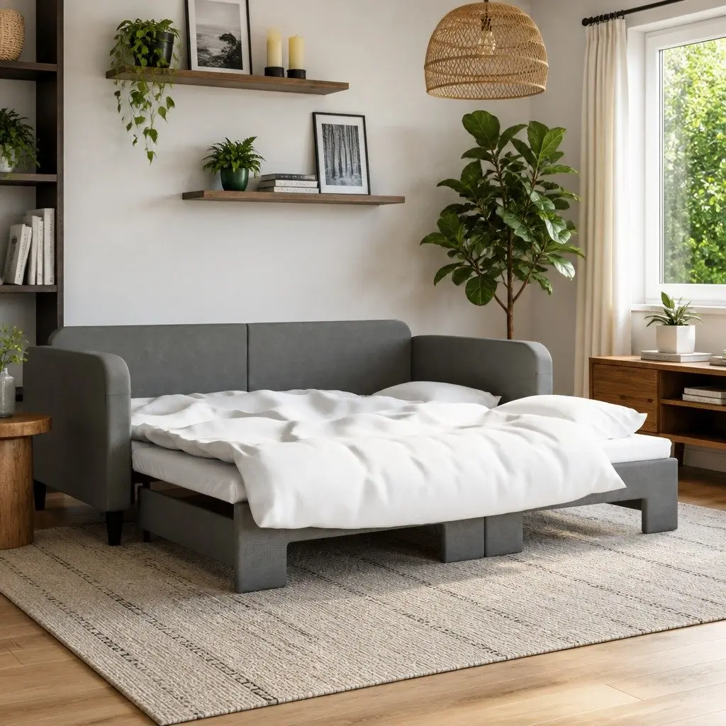 Daybed Frame with Trundle Wooden and Metal Grey 90x190 cm