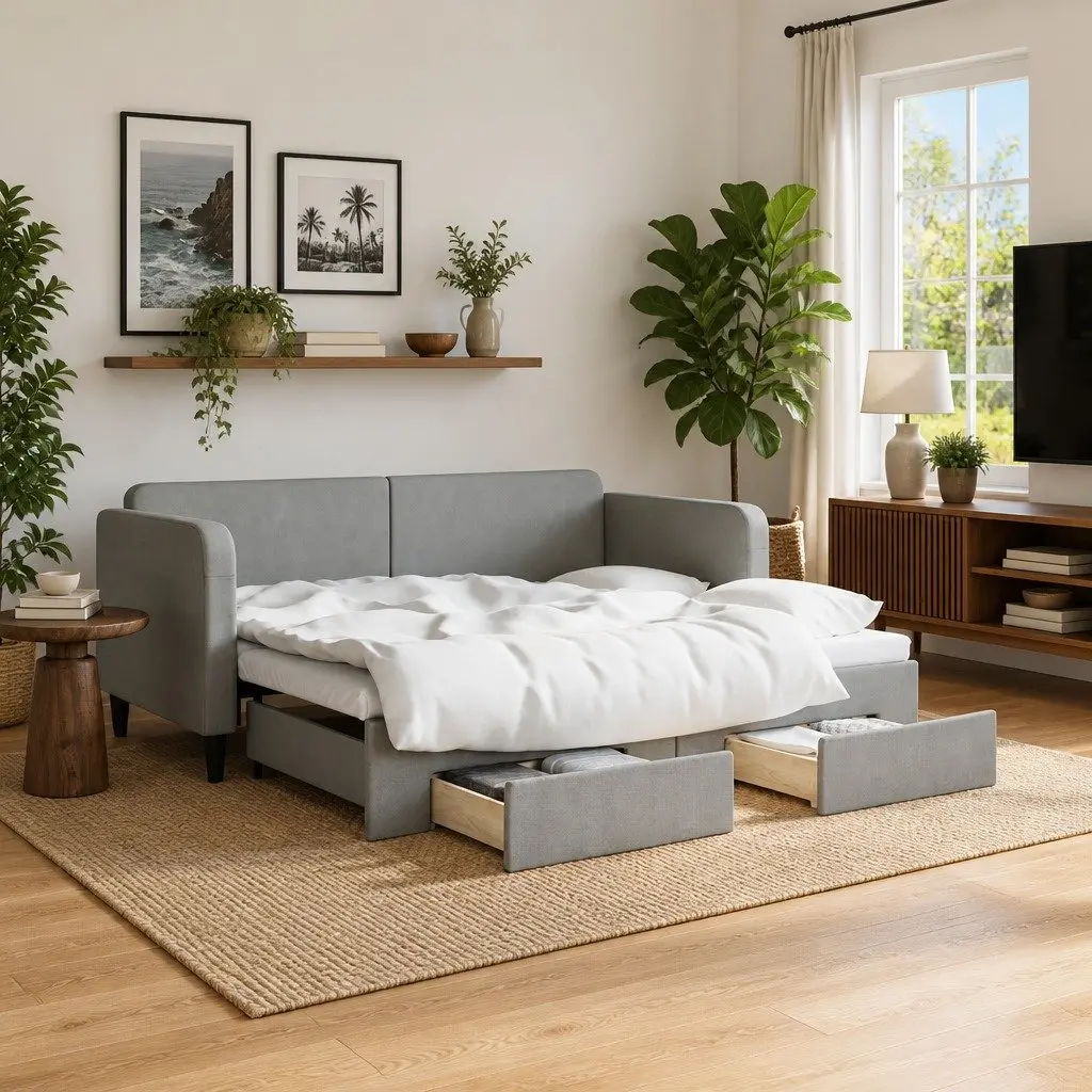 Daybed Sofa Bed with Trundle and Storage Drawers Wooden Frame Metal Supports Grey