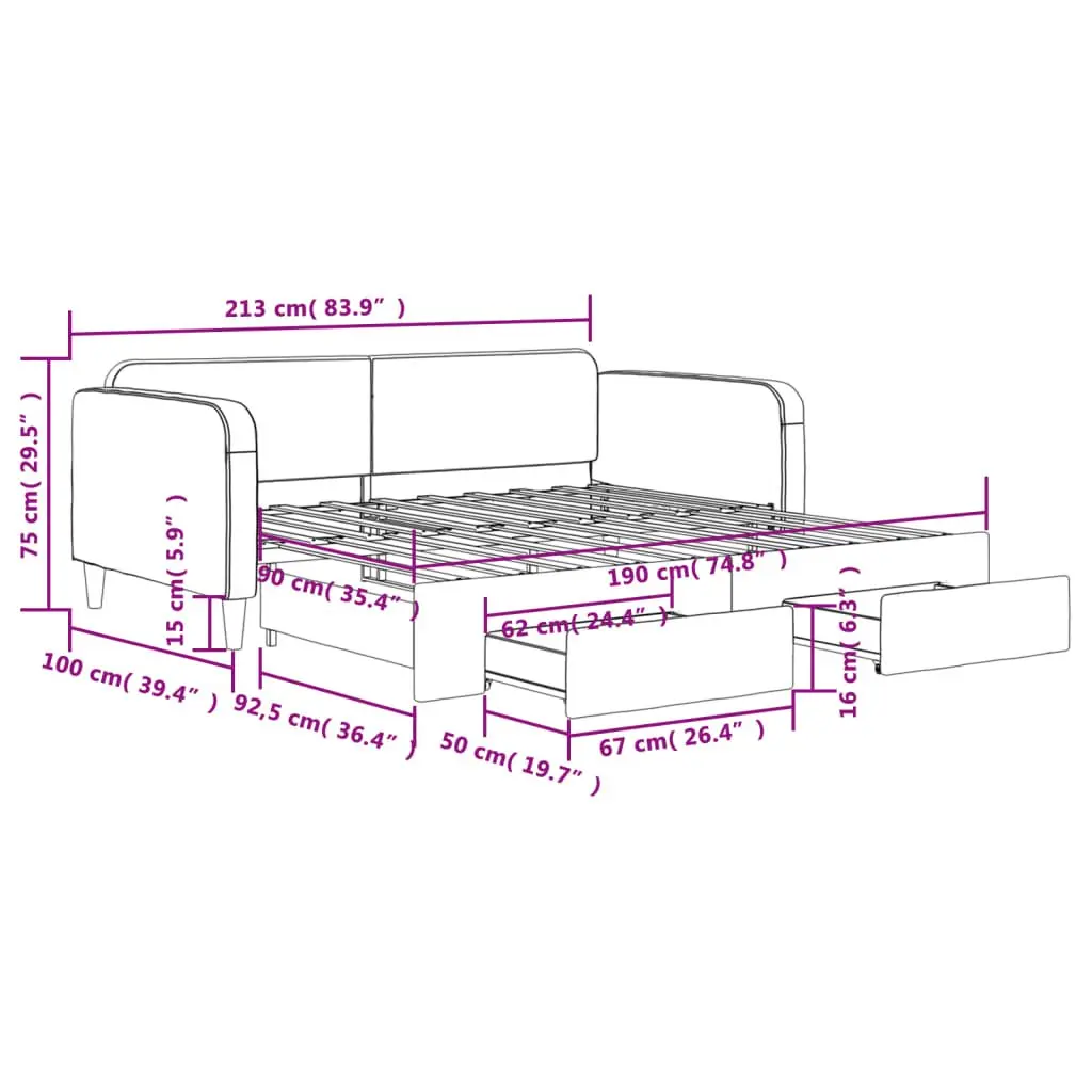 Daybed Sofa Bed with Trundle and Storage Drawers Wooden Frame Metal Supports Grey
