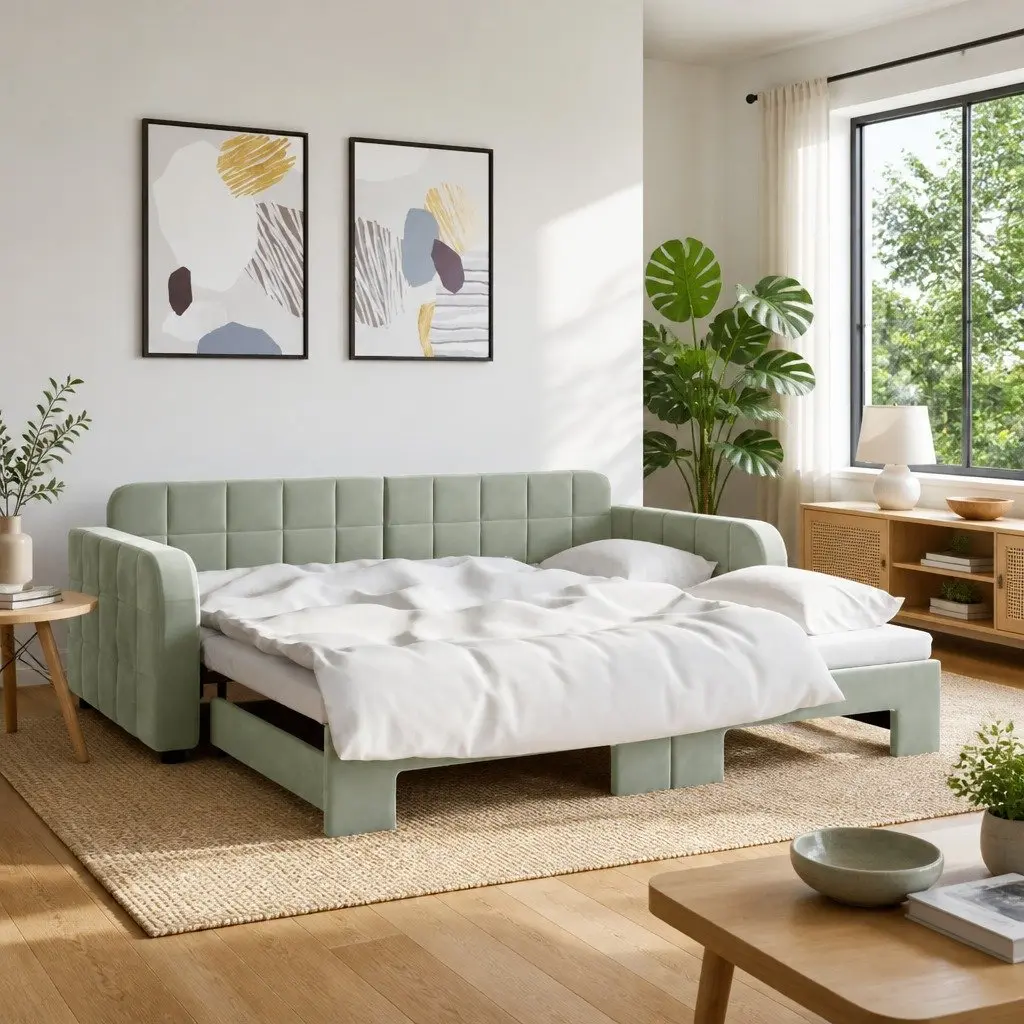 Grey Velvet Daybed Sofa Bed with Trundle 90x190cm Wooden and Metal Frame Space-Saving Furniture for Living Room or Bedroom